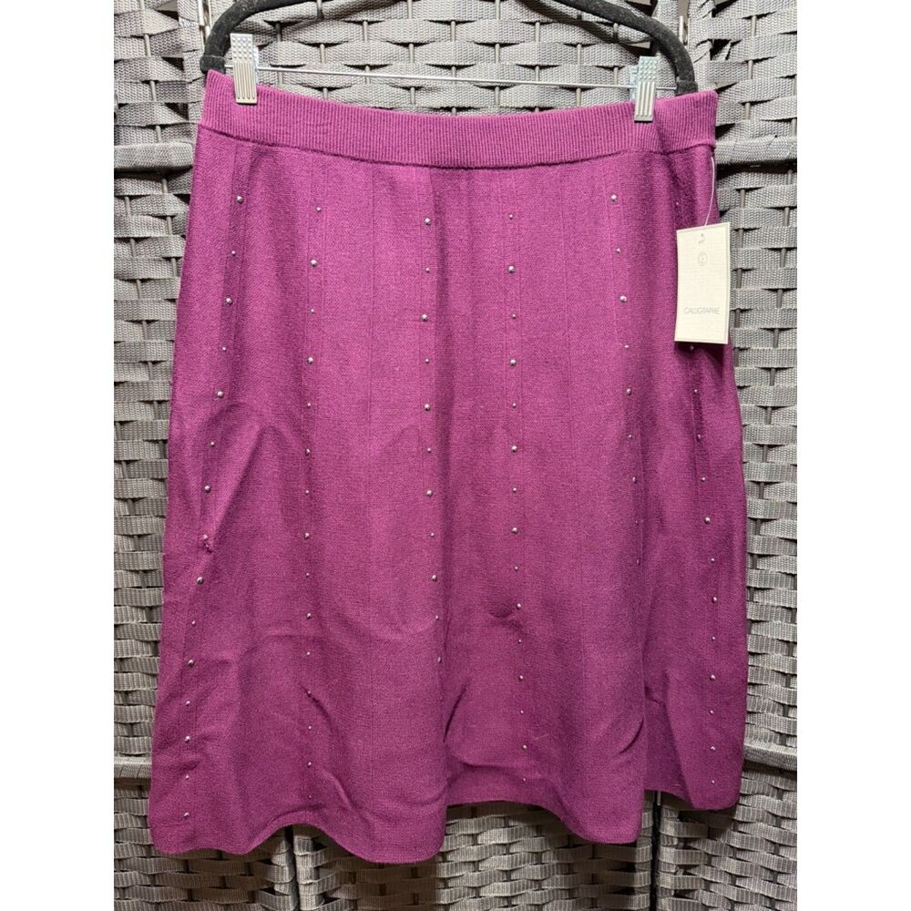 NWT Calligraphie Magenta Knit Midi Skirt L Rhinestone Studded Quiet Luxury